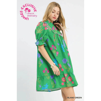 Blossom Multi Floral Print Ruffled Mandarin Collar Dress - Island Green