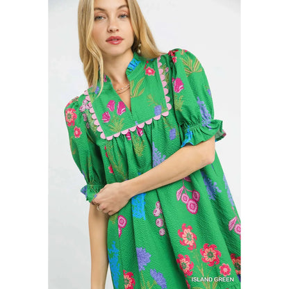 Blossom Multi Floral Print Ruffled Mandarin Collar Dress - Island Green