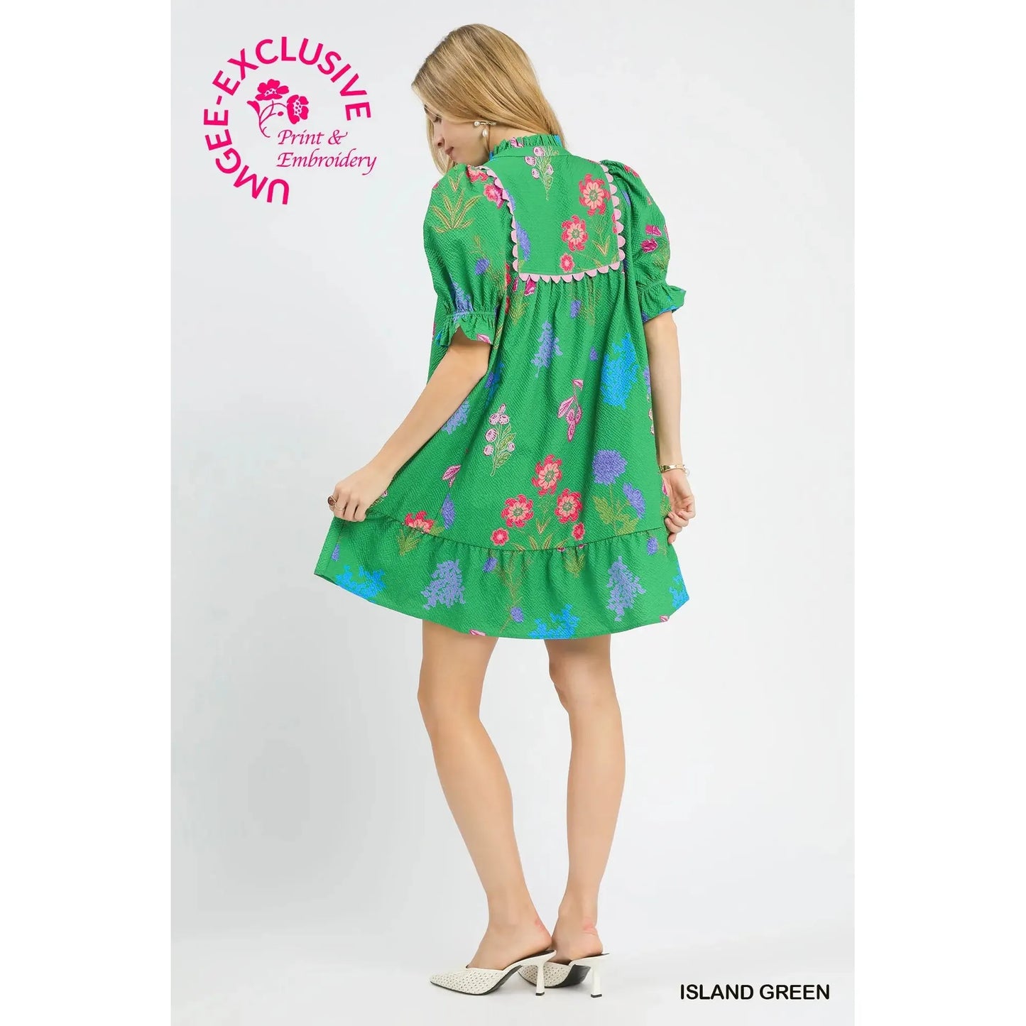 Blossom Multi Floral Print Ruffled Mandarin Collar Dress - Island Green