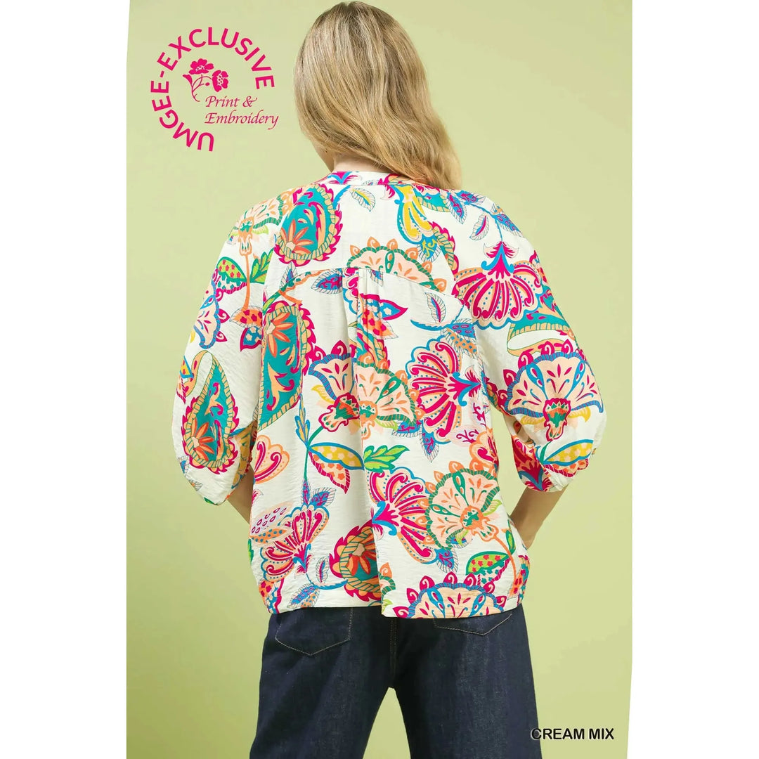 Josephine Paisley Print Half Button Down Top - Cream Mix