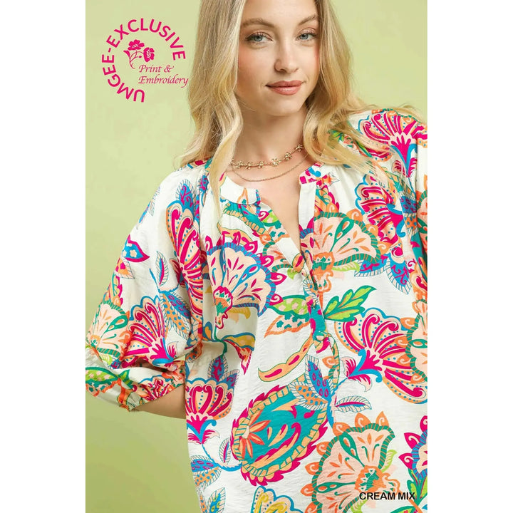 Josephine Paisley Print Half Button Down Top - Cream Mix