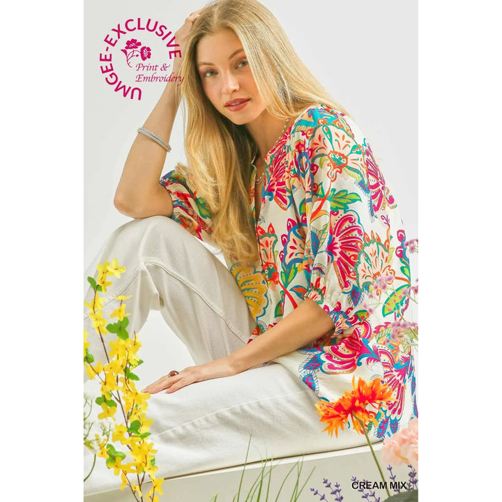 Josephine Paisley Print Half Button Down Top - Cream Mix