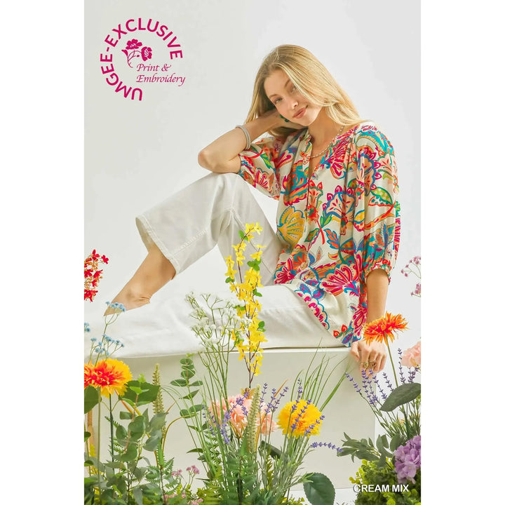 Josephine Paisley Print Half Button Down Top - Cream Mix
