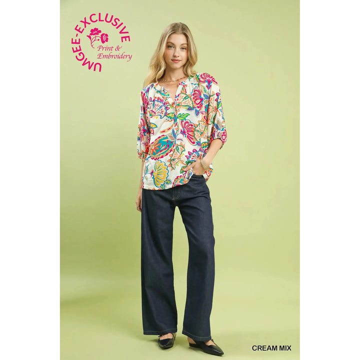 Josephine Paisley Print Half Button Down Top - Cream Mix