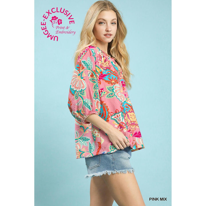Umgee Paisley Print V-Neck Top - Pink Mix