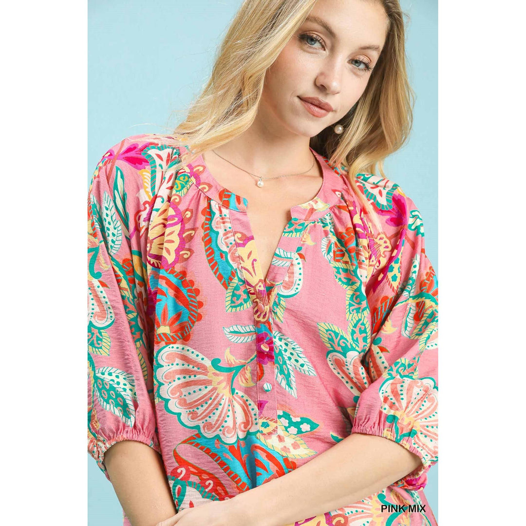 Umgee Paisley Print V-Neck Top - Pink Mix