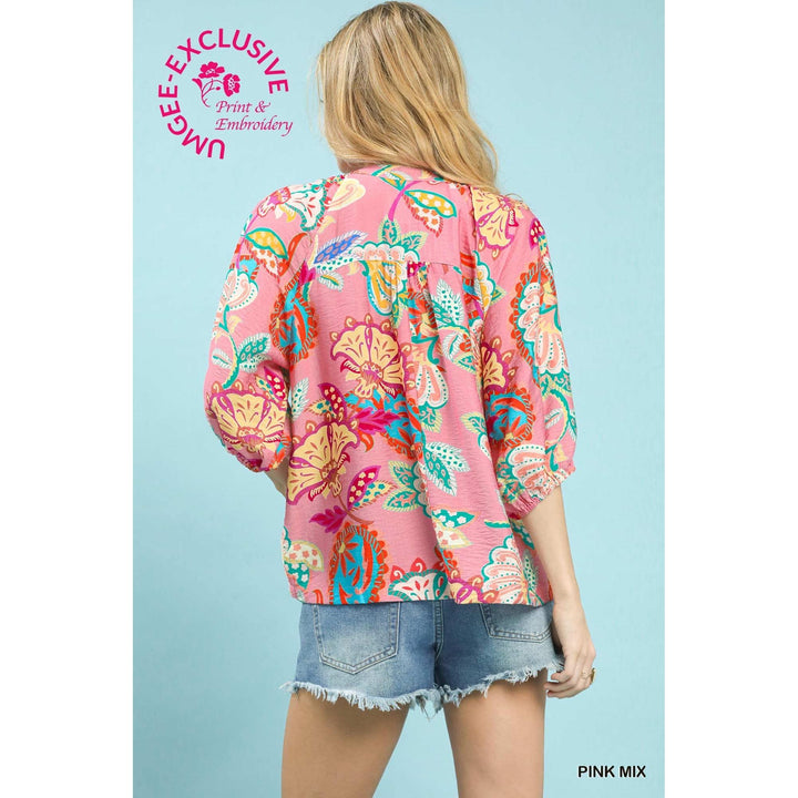 Umgee Paisley Print V-Neck Top - Pink Mix