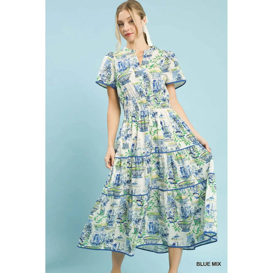 Umgee Genevieve Dress in blue and white abstract vase print with tiered midi skirt.