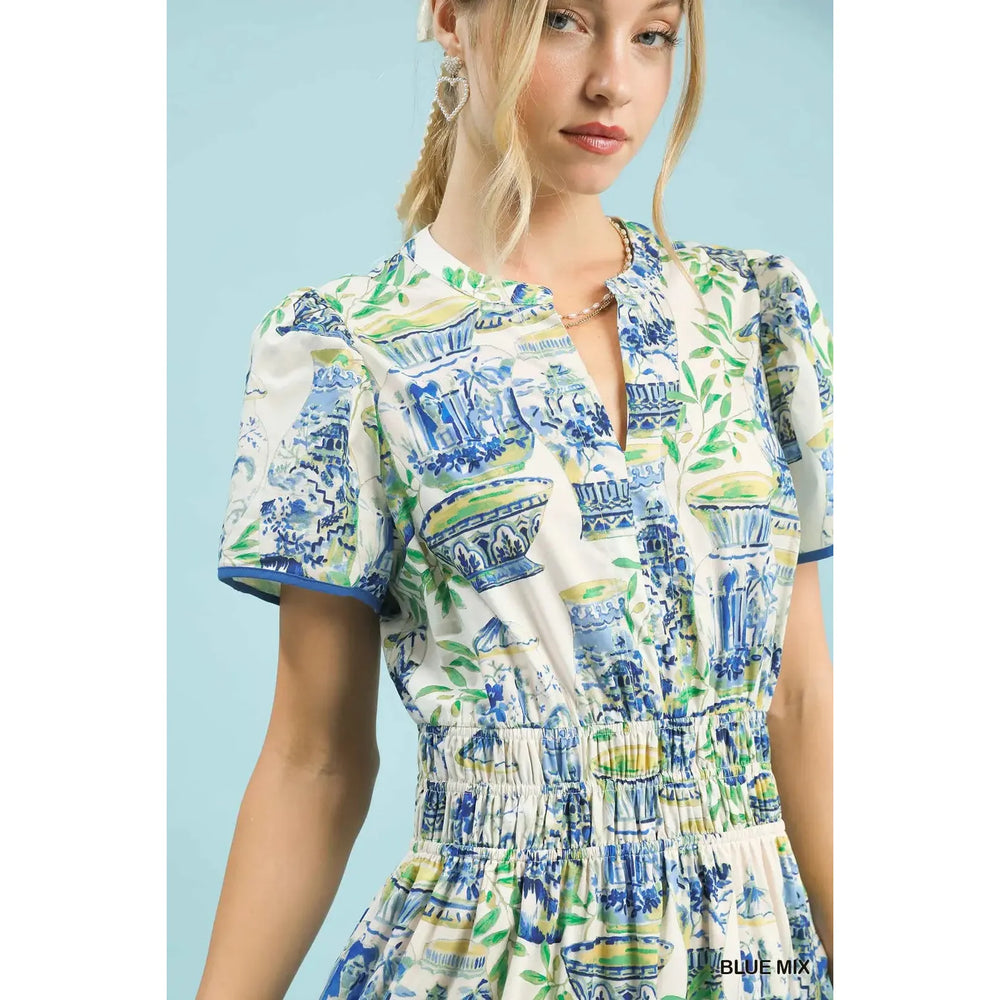 Close-up of the abstract vase print and contrast piping on the Umgee Genevieve dress.