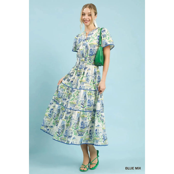 Umgee The Genevieve Abstract Midi Dress - Blue &amp; White Vase Print