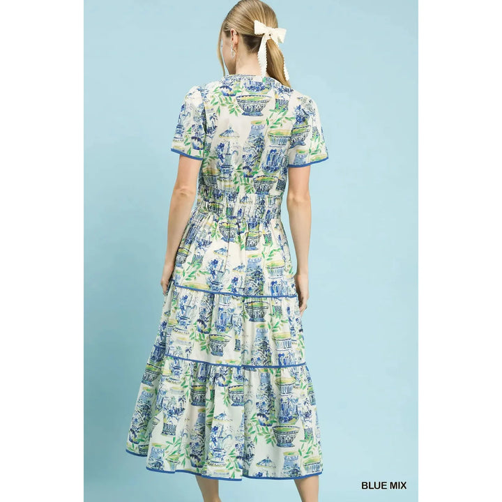 Umgee The Genevieve Abstract Midi Dress - Blue &amp; White Vase Print