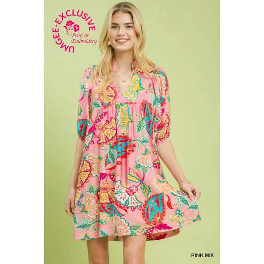 Rosalee Abstract Print Ruffled Neck Mini Dress - Pink Mix