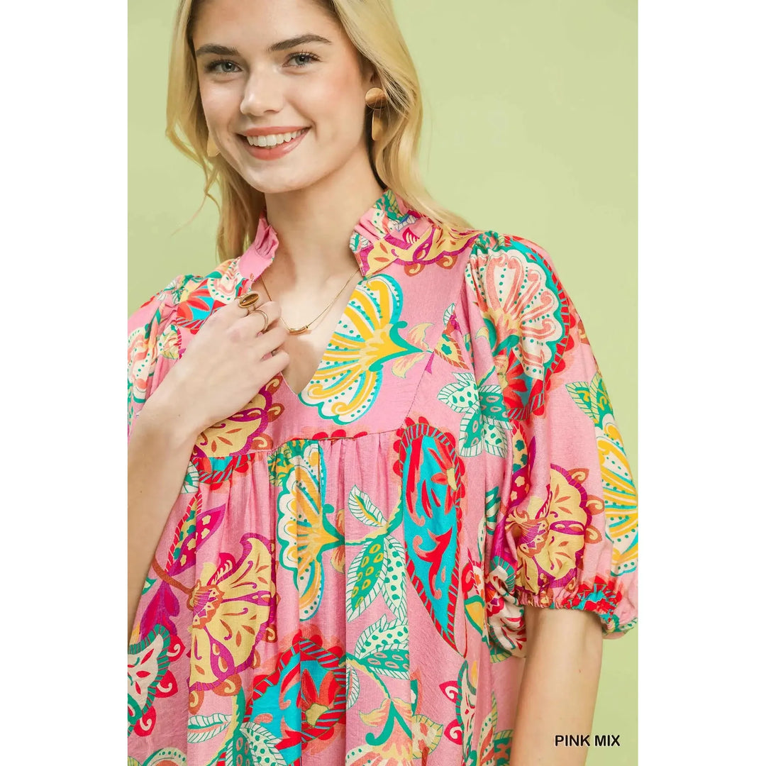 Rosalee Abstract Print Ruffled Neck Mini Dress - Pink Mix