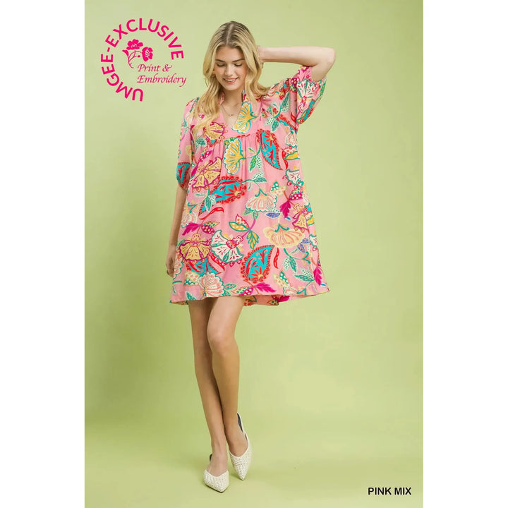 Rosalee Abstract Print Ruffled Neck Mini Dress - Pink Mix