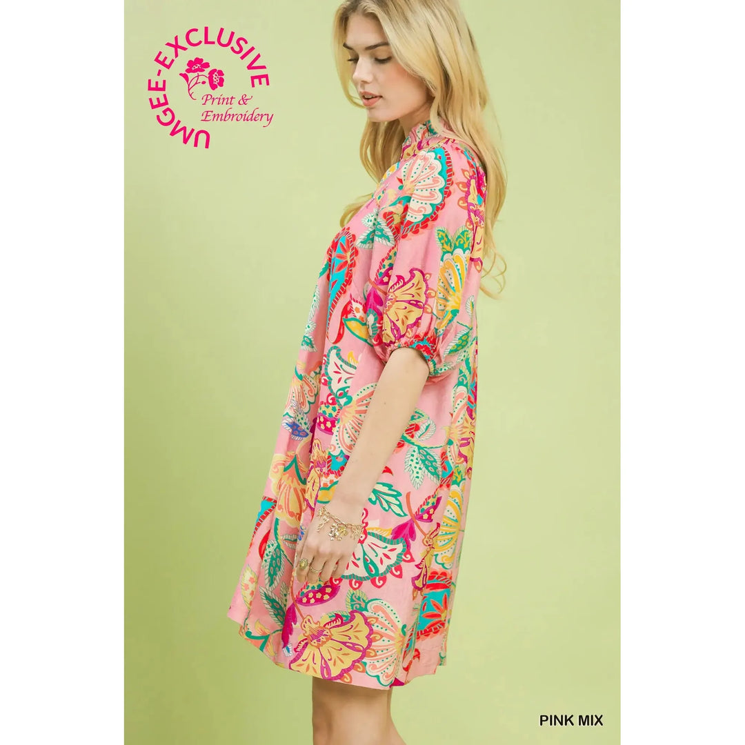 Rosalee Abstract Print Ruffled Neck Mini Dress - Pink Mix