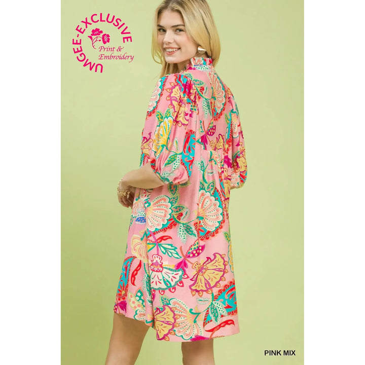 Rosalee Abstract Print Ruffled Neck Mini Dress - Pink Mix