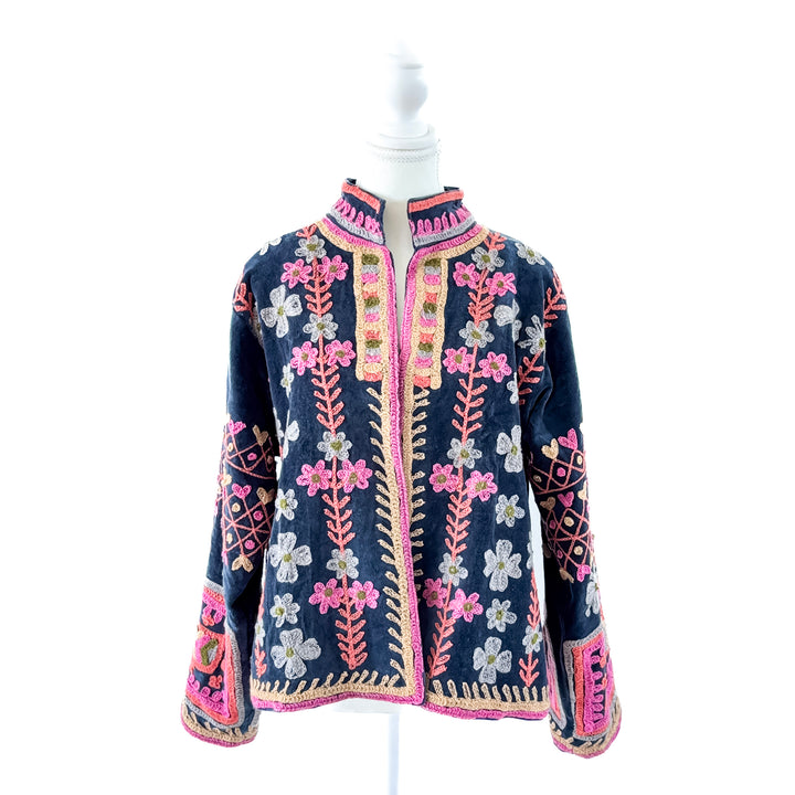 Front view of the Winton and Waits Flower Child Suzhani Jacket in Midnight featuring a vibrant artisan print.