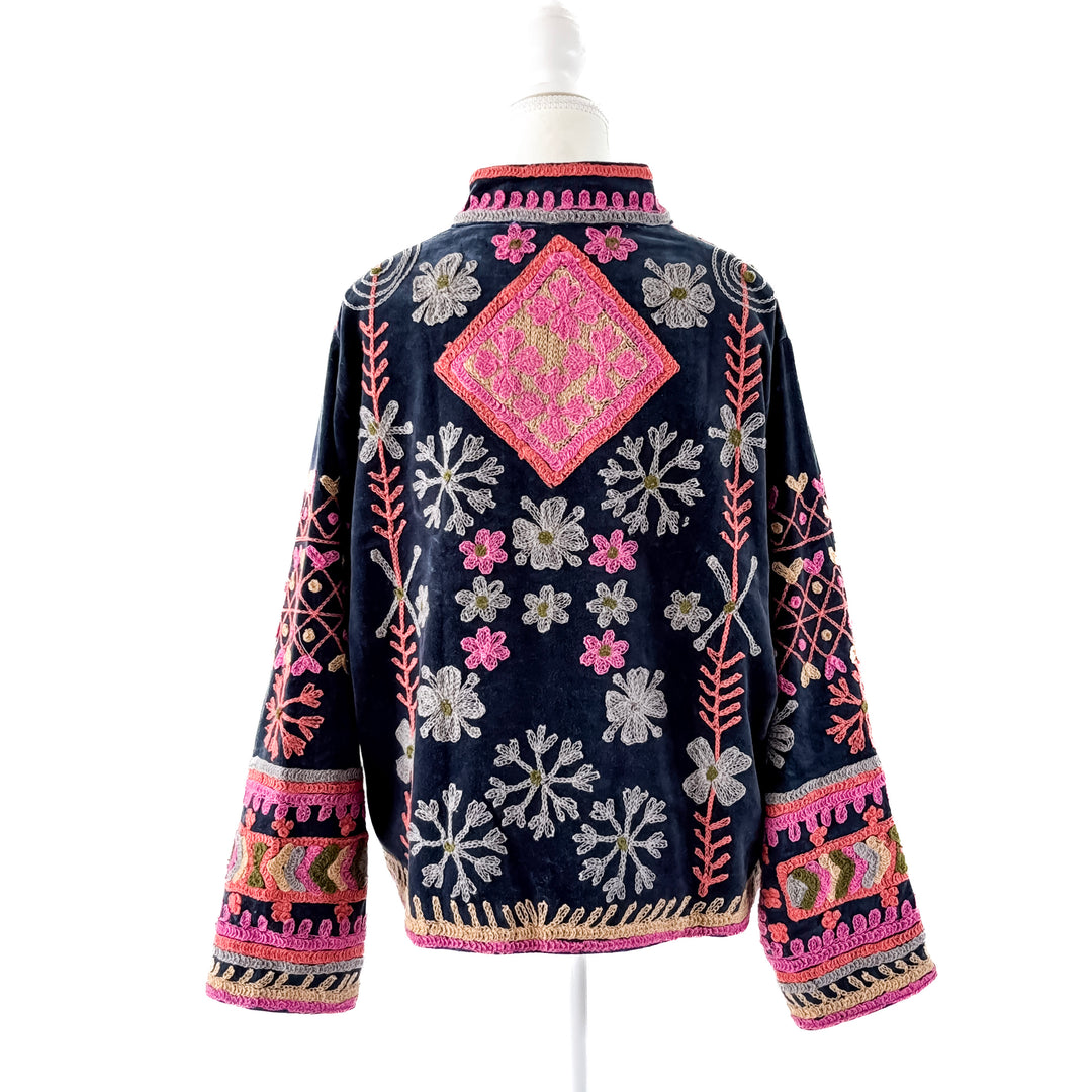 Back view of the Winton and Waits Flower Child Suzhani Jacket in Midnight showing the colorful Suzhani-inspired design.