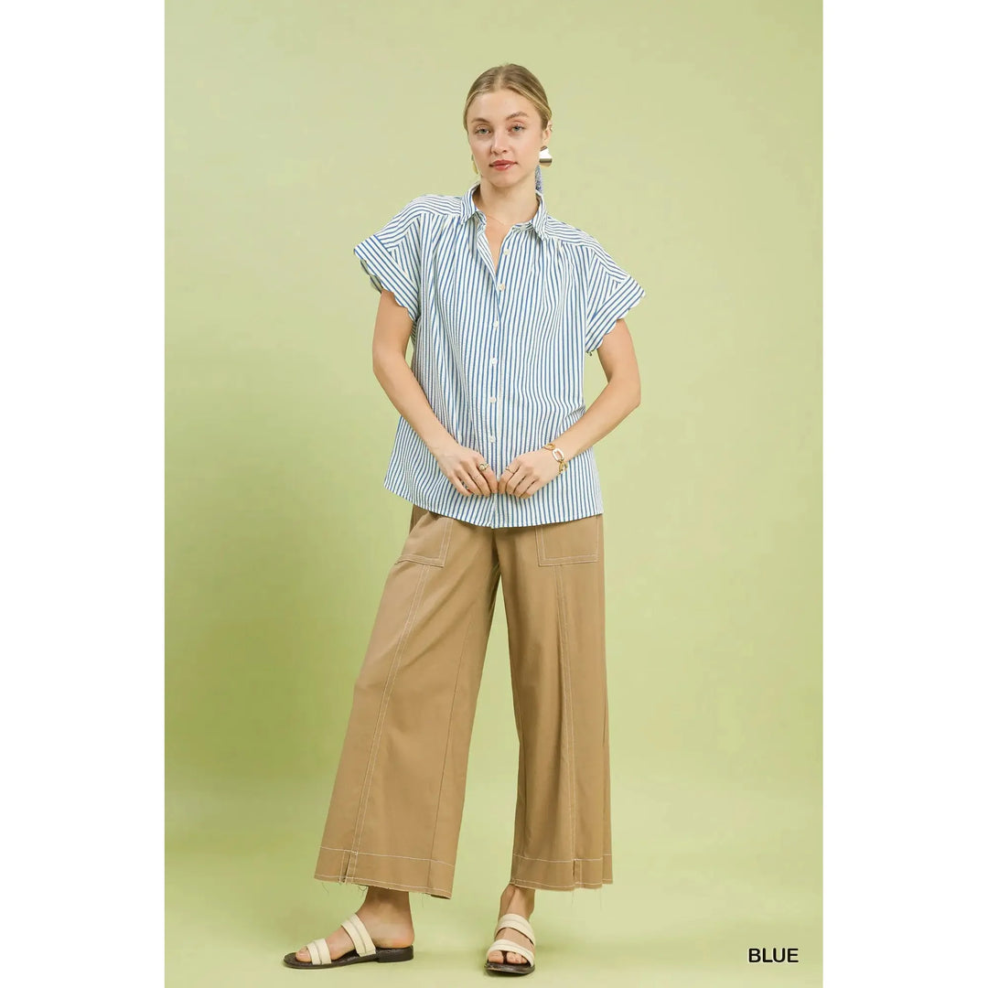 Brielle Scalloped Dolman Sleeve Button Down Shirring Top - Blue