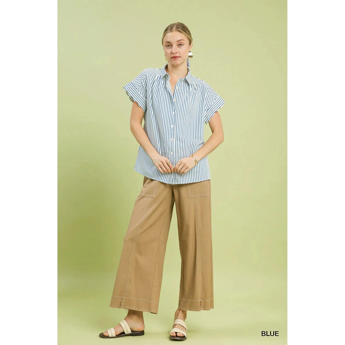 Brielle Scalloped Dolman Sleeve Button Down Shirring Top - Blue