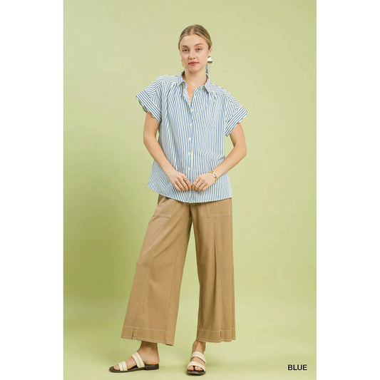 Brielle Scalloped Dolman Sleeve Button Down Shirring Top - Blue