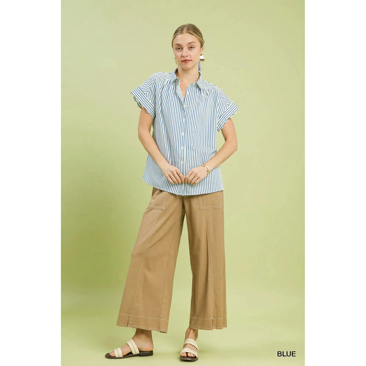 Brielle Scalloped Dolman Sleeve Button Down Shirring Top - Blue