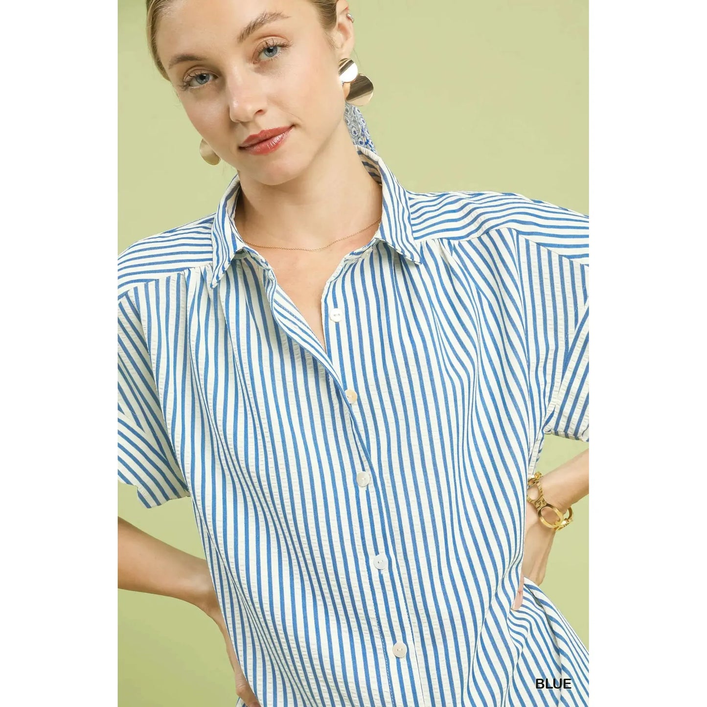 Brielle Scalloped Dolman Sleeve Button Down Shirring Top - Blue