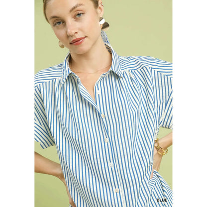 Brielle Scalloped Dolman Sleeve Button Down Shirring Top - Blue
