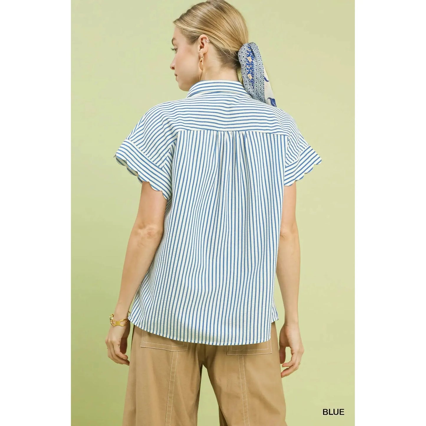 Brielle Scalloped Dolman Sleeve Button Down Shirring Top - Blue