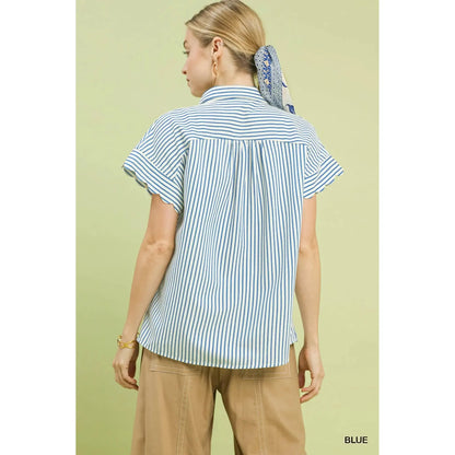 Brielle Scalloped Dolman Sleeve Button Down Shirring Top - Blue