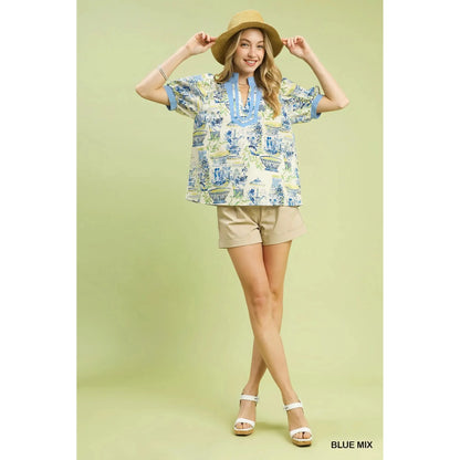 Waverly Abstract Print V-Neck Top with Contrast Detail - Blue Mix