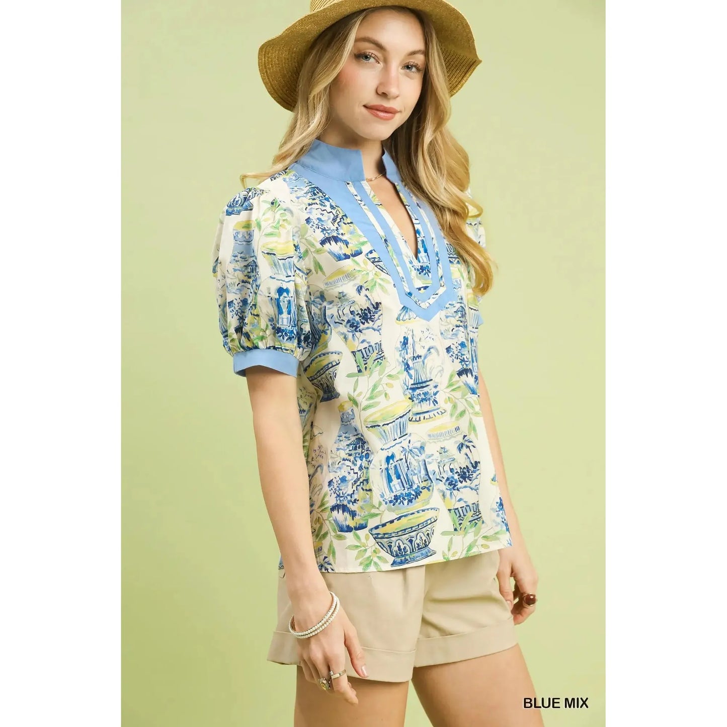 Waverly Abstract Print V-Neck Top with Contrast Detail - Blue Mix