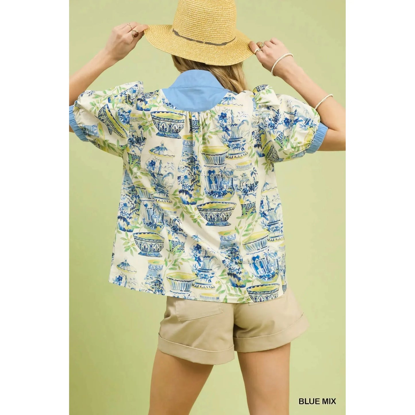 Waverly Abstract Print V-Neck Top with Contrast Detail - Blue Mix