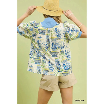 Waverly Abstract Print V-Neck Top with Contrast Detail - Blue Mix