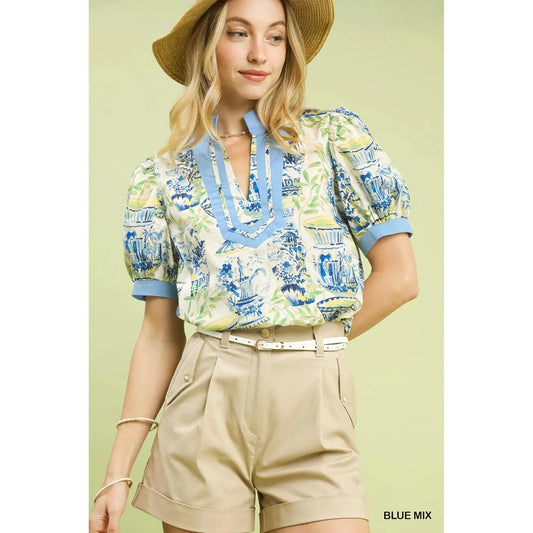 Waverly Abstract Print V-Neck Top with Contrast Detail - Blue Mix