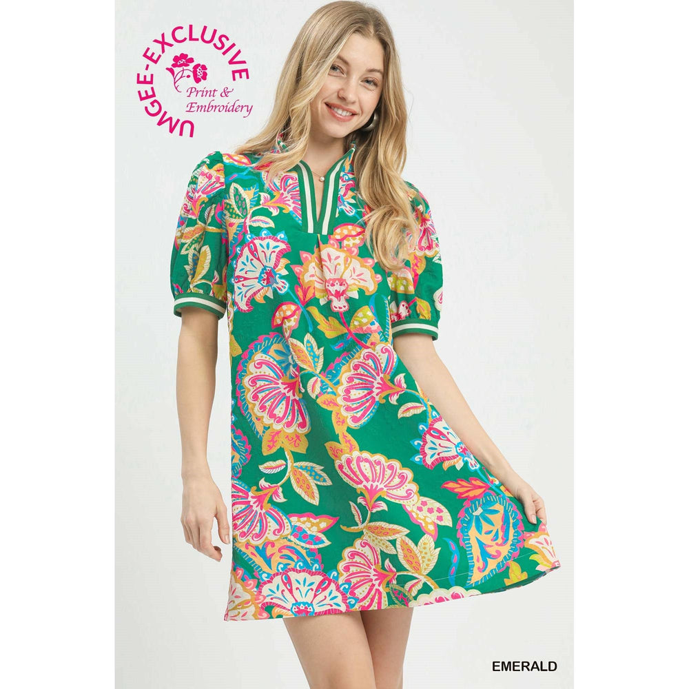 Bianca dress, jacquard paisley tunic, puff sleeve mini dress, tropical botanical dress, Umgee copyright print, split V-neck tunic, women's paisley dress.