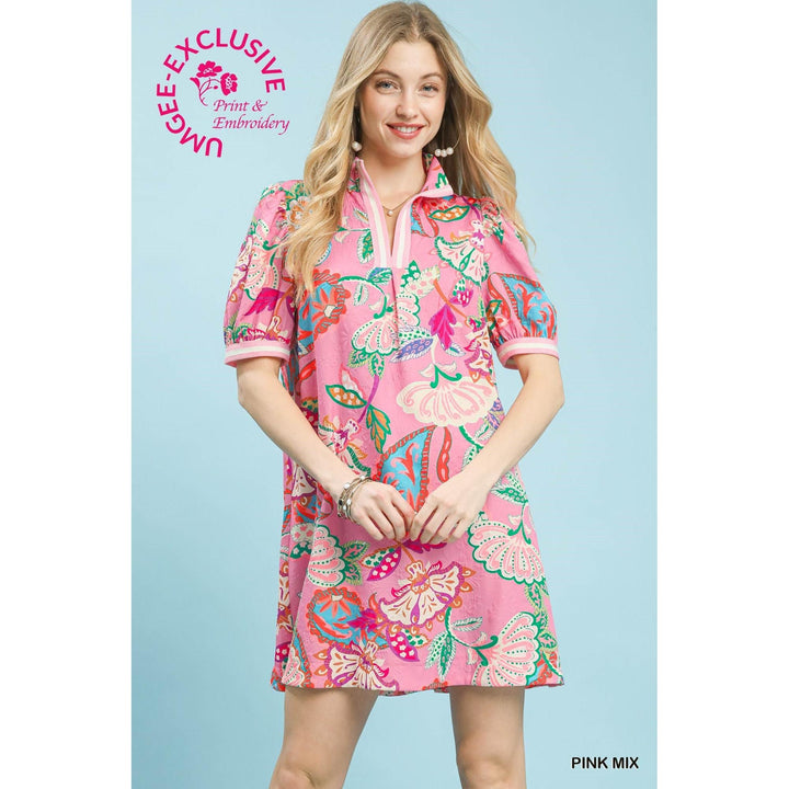 Umgee Jacquard Paisley Puff Sleeve Dress - Pink Mix