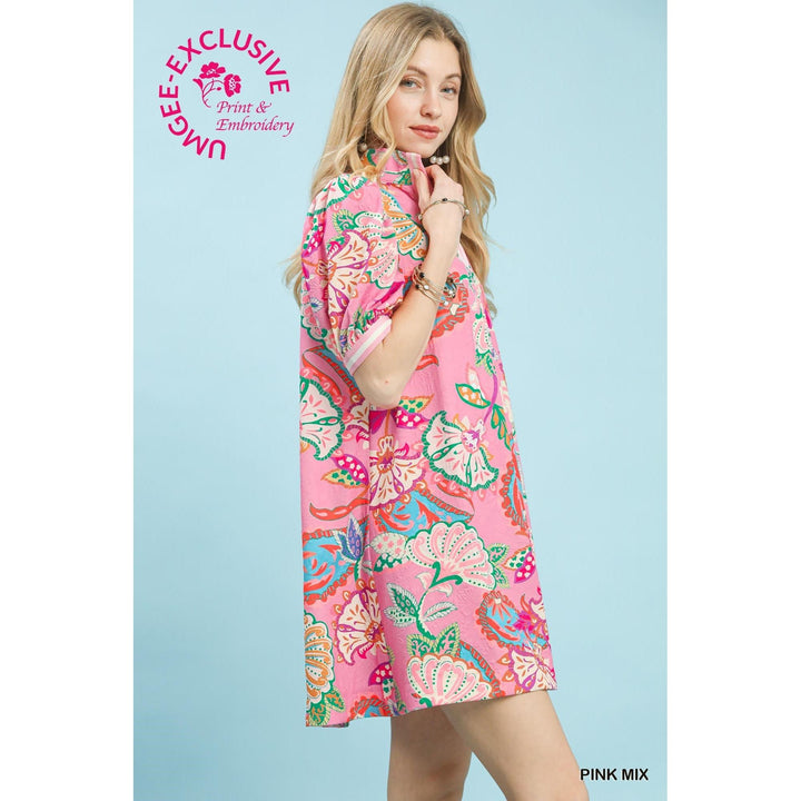 Umgee Jacquard Paisley Puff Sleeve Dress - Pink Mix