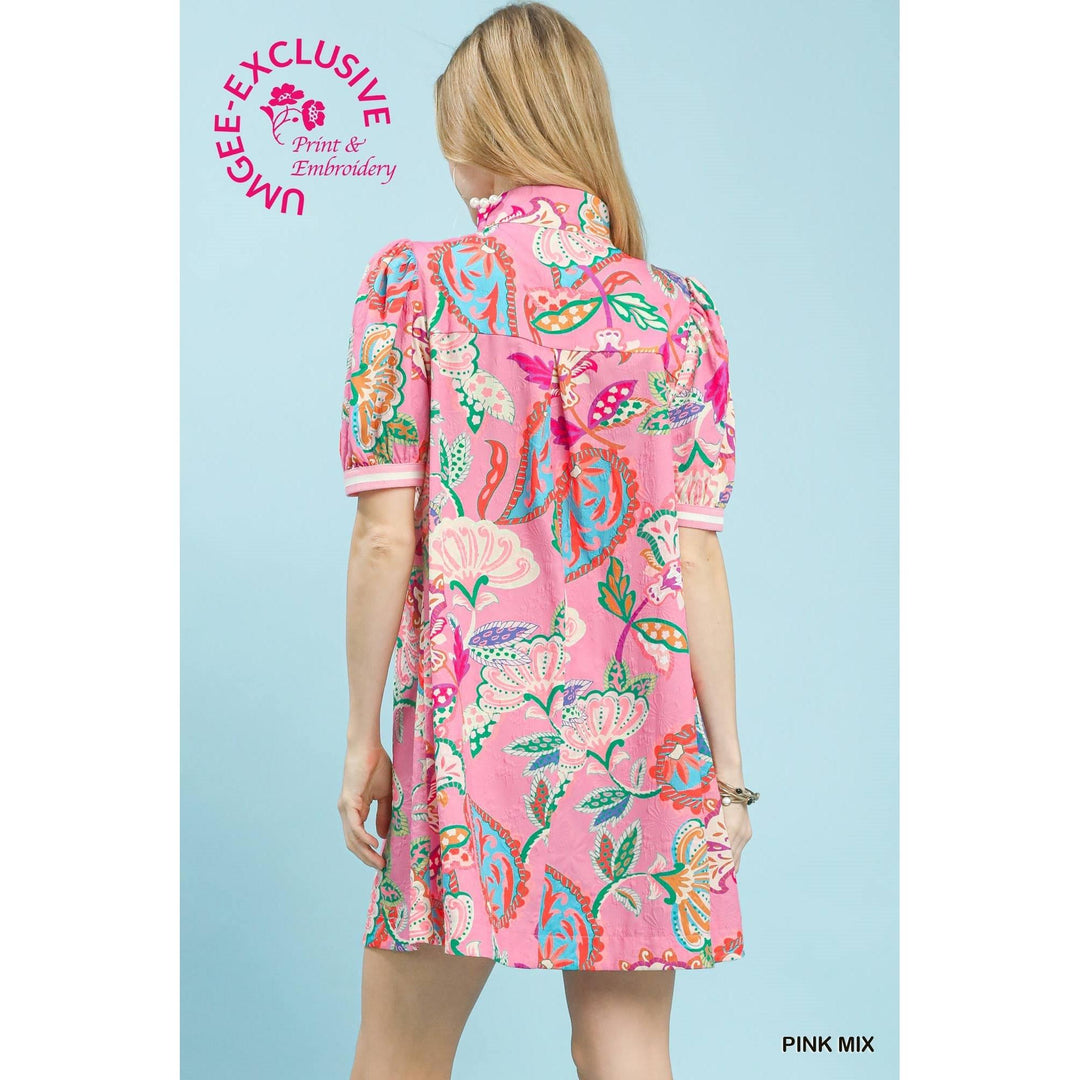 Umgee Jacquard Paisley Puff Sleeve Dress - Pink Mix