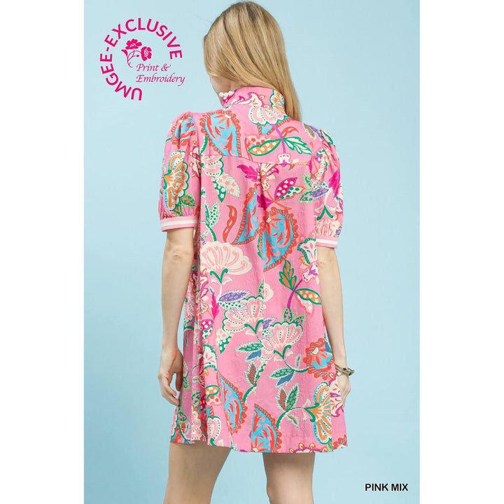 Umgee Jacquard Paisley Puff Sleeve Dress - Pink Mix
