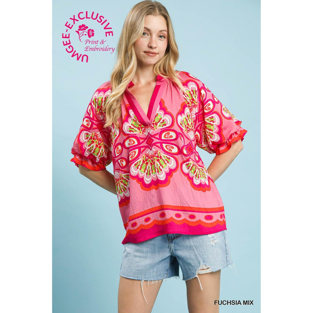 Juniper top, boho print blouse, flutter sleeve top, mixed print V-neck, Umgee copyright print, women&
