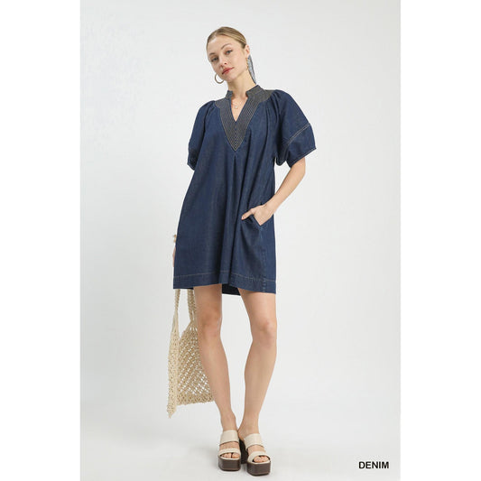 Chloe denim dress, puff sleeve denim mini, V-neck denim dress, A-line denim dress, Umgee denim clothing, short sleeve denim dress, contrast stitch dress, boutique denim mini.