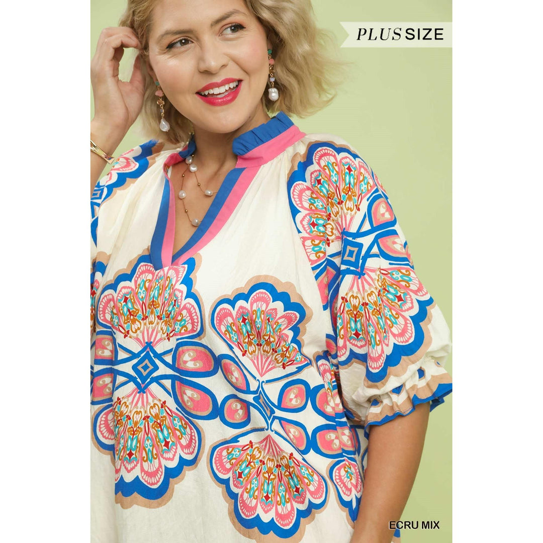 Umgee Mix Boho Print V-Neck Top - Ecru Mix (Plus)