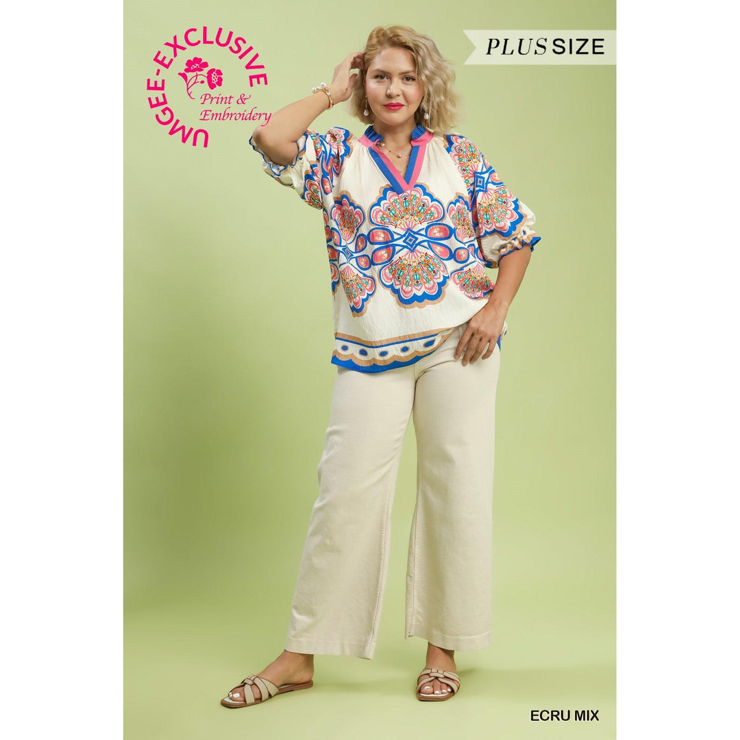 Umgee Mix Boho Print V-Neck Top - Ecru Mix (Plus)