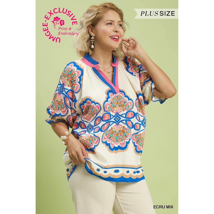Umgee Mix Boho Print V-Neck Top - Ecru Mix (Plus)