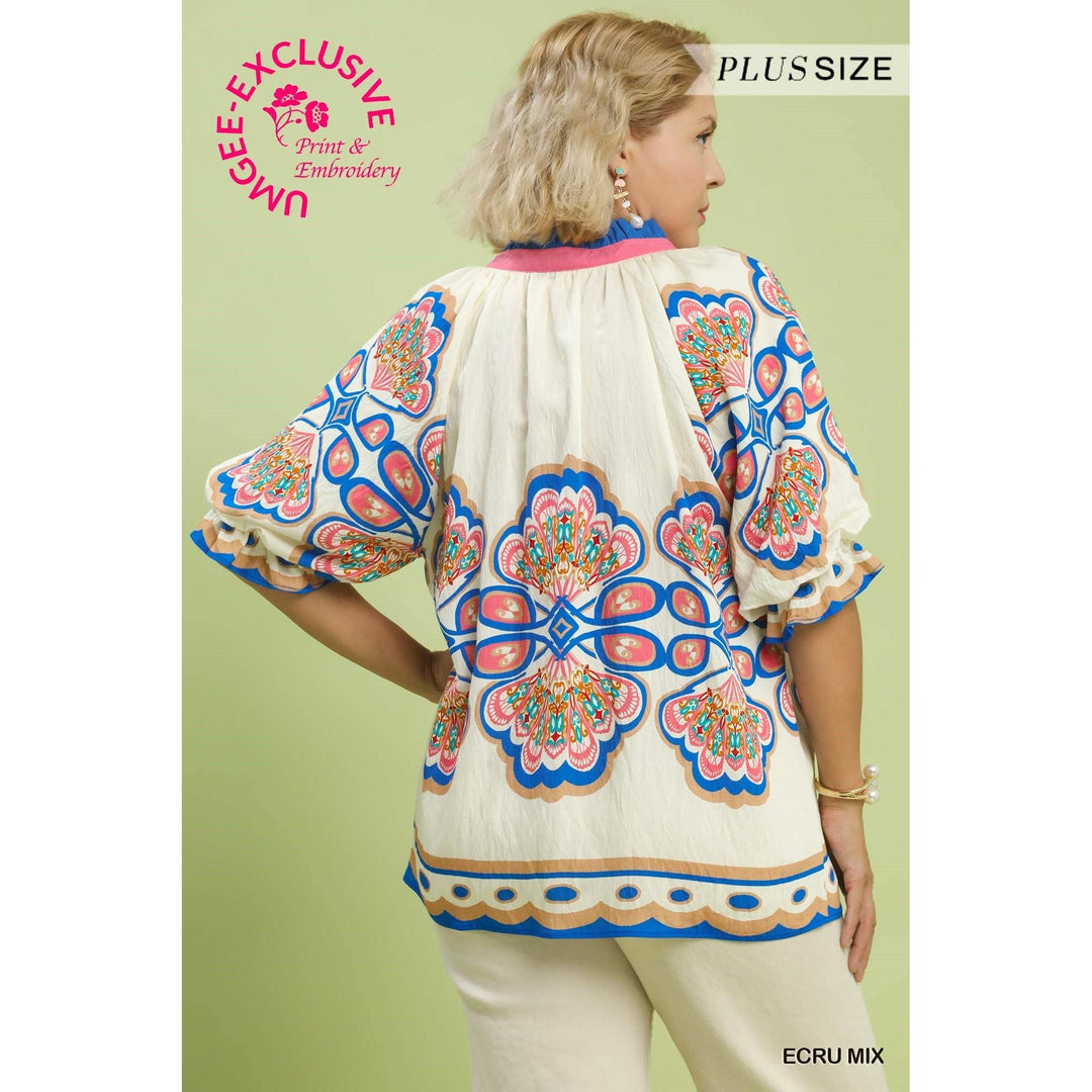 Umgee Mix Boho Print V-Neck Top - Ecru Mix (Plus)