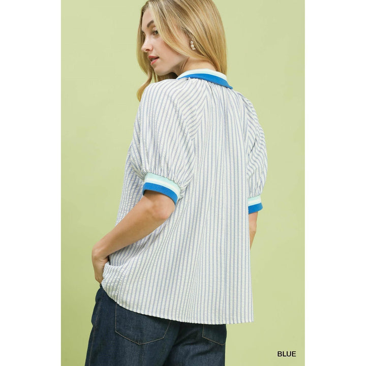 Umgee Botanical Print Blouse - Blue