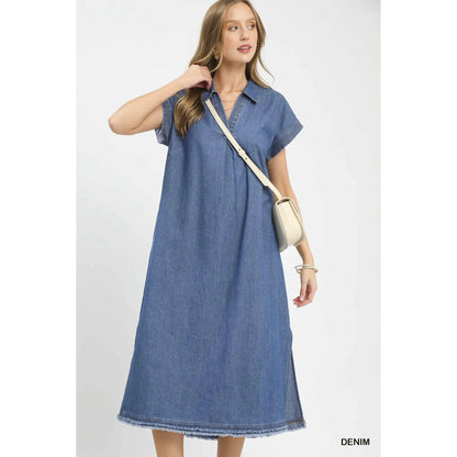 Dakota Stone Washed Denim Collared Midi Dress with Contrast Stitch - Denim