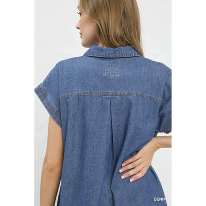 Dakota Stone Washed Denim Collared Midi Dress with Contrast Stitch - Denim