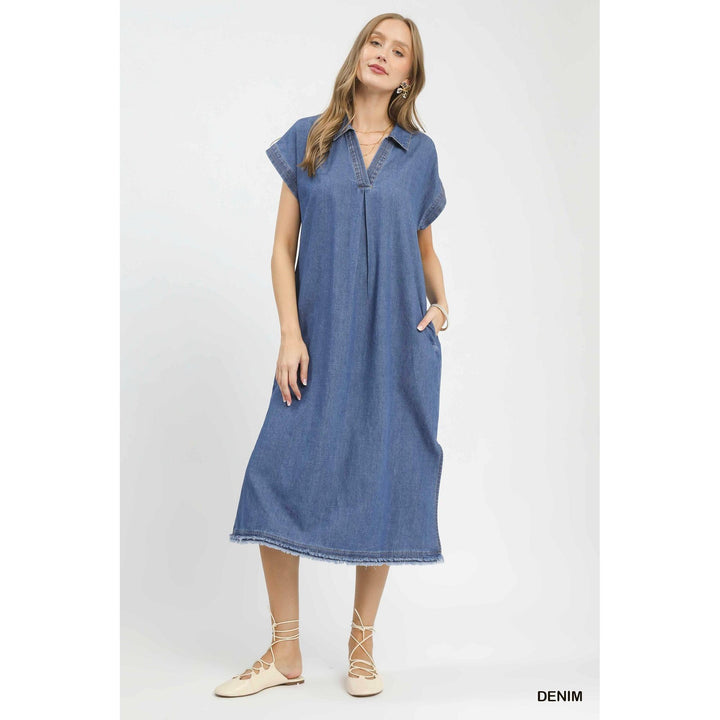 Umgee Stone Washed Collared Denim Midi Dress - Denim